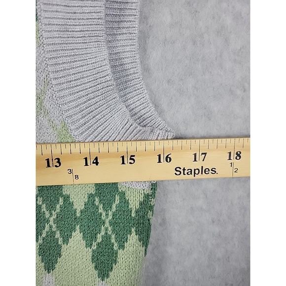 Cotton: On Gray Green Argyle Print Knit Crop Sweater Vest Women's Medium - Picture 9 of 12